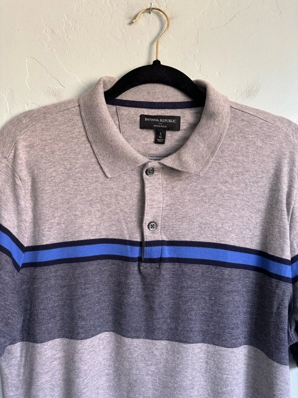 Banana Republic Men’s Preppy Striped Cotton Dress Polo Gray Blue Black Large EUC